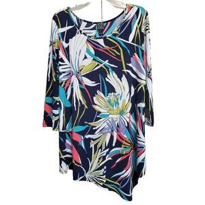 Clara Sun Woo Tropical Print Asymmetric Hem 3/4 SLeeve Tunic Size Large